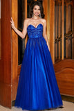 A-Line Sweetheart Royal Blue Prom kjole med perler