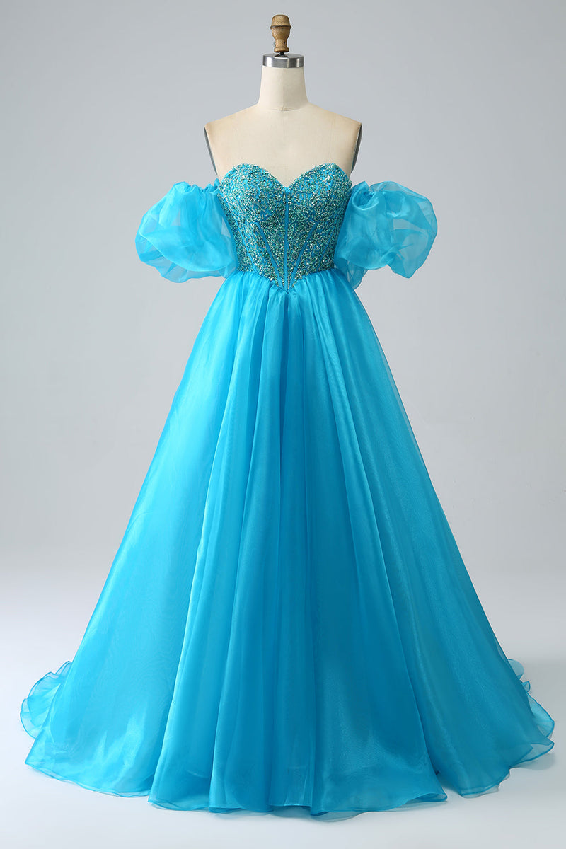 Load image into Gallery viewer, Blå Beaded Corset Prom kjole med avtakbare ermer