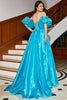 Load image into Gallery viewer, A-Line Blå korsett Prom kjole med perler