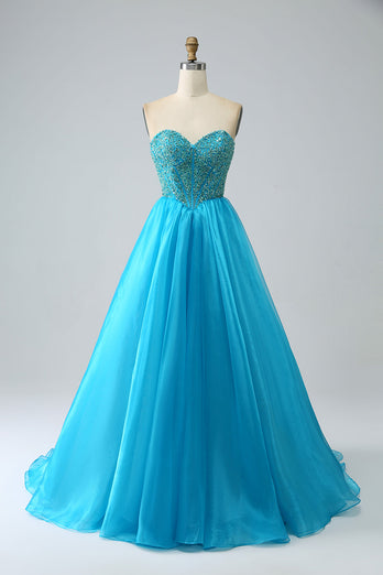 Blå Beaded Corset Prom kjole med avtakbare ermer