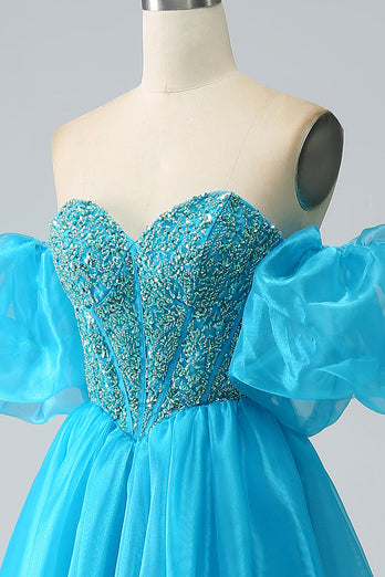 Blå Beaded Corset Prom kjole med avtakbare ermer
