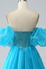 Load image into Gallery viewer, Blå Beaded Corset Prom kjole med avtakbare ermer