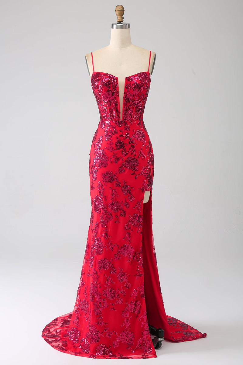 Load image into Gallery viewer, Havfrue mørk rød paljetter Prom kjole med spalt