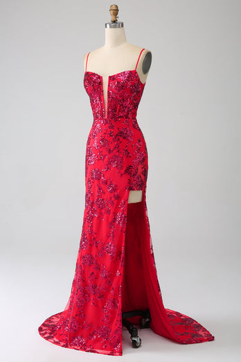 Havfrue mørk rød paljetter Prom kjole med spalt