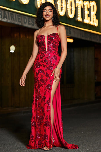 Stilig havfrue spaghetti stropper mørk rød korsett Prom kjole med delt front