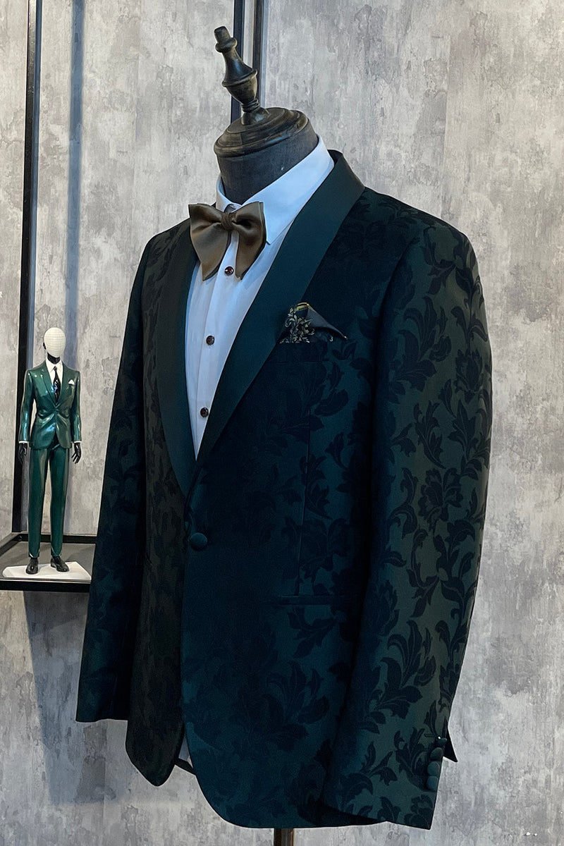 Load image into Gallery viewer, Mørkegrønn jacquard sjal jakkesjal en knapp 2 stk herre balldrakter