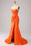 Orange Mermaid Sweetheart Korsett Long Sparkly Prom Dress med Slit