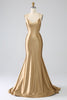 Load image into Gallery viewer, Golden Mermaid Spaghetti stropper Satin Long Prom Kjole med snøre-up Back