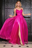 Hot Pink A-Line Spaghetti stropper Long Corset Prom Dress med Slit