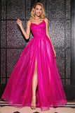 Hot Pink A-Line Spaghetti stropper Long Corset Prom Dress med Slit