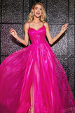 Hot Pink A-Line Spaghetti stropper Long Corset Prom Dress med Slit