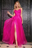 Hot Pink A-Line Spaghetti stropper Long Corset Prom Dress med Slit