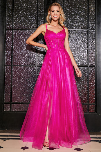 Hot Pink A-Line Spaghetti stropper Long Corset Prom Dress med Slit
