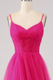 Fuchsia A-Line Spaghetti stropper Long Corset Prom Dress med Slit