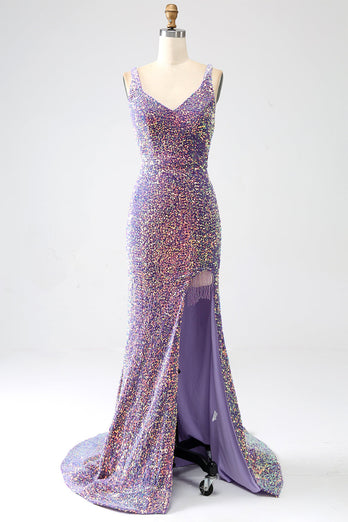 Sparkly Mermaid Light Purple Sequins Prom Dress med Slit