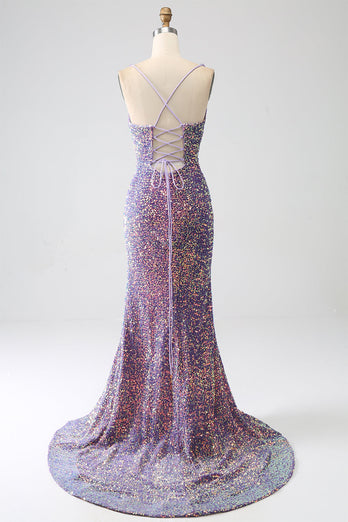 Sparkly Mermaid Light Purple Sequins Prom Dress med Slit