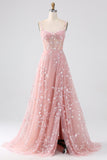 Sparkly Blush A Line Spaghetti stropper paljett korsett Prom kjole med spalt