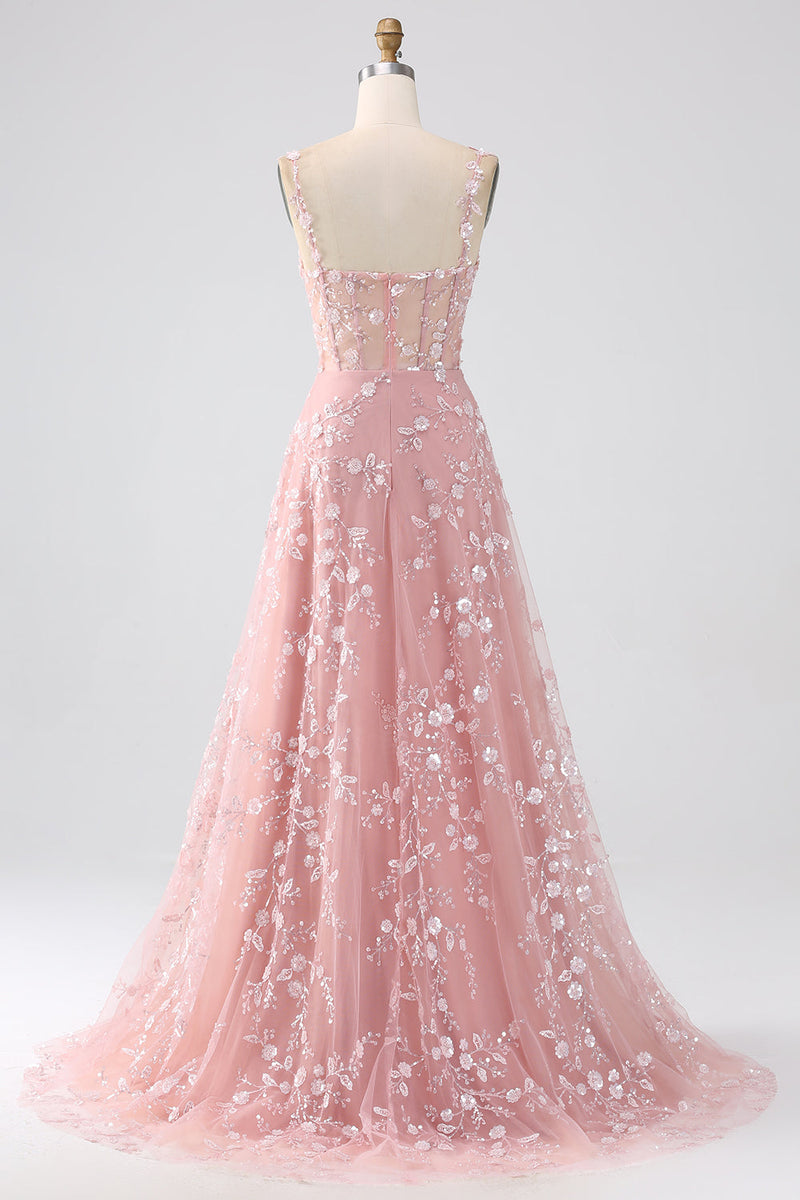 Load image into Gallery viewer, Sparkly Blush A Line Spaghetti stropper paljett korsett Prom kjole med spalt