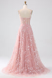 Sparkly Blush A Line Spaghetti stropper paljett korsett Prom kjole med spalt