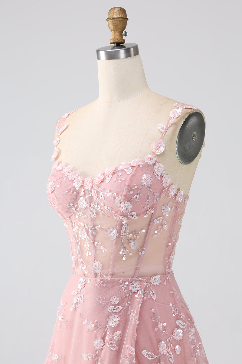 Load image into Gallery viewer, Sparkly Blush A Line Spaghetti stropper paljett korsett Prom kjole med spalt