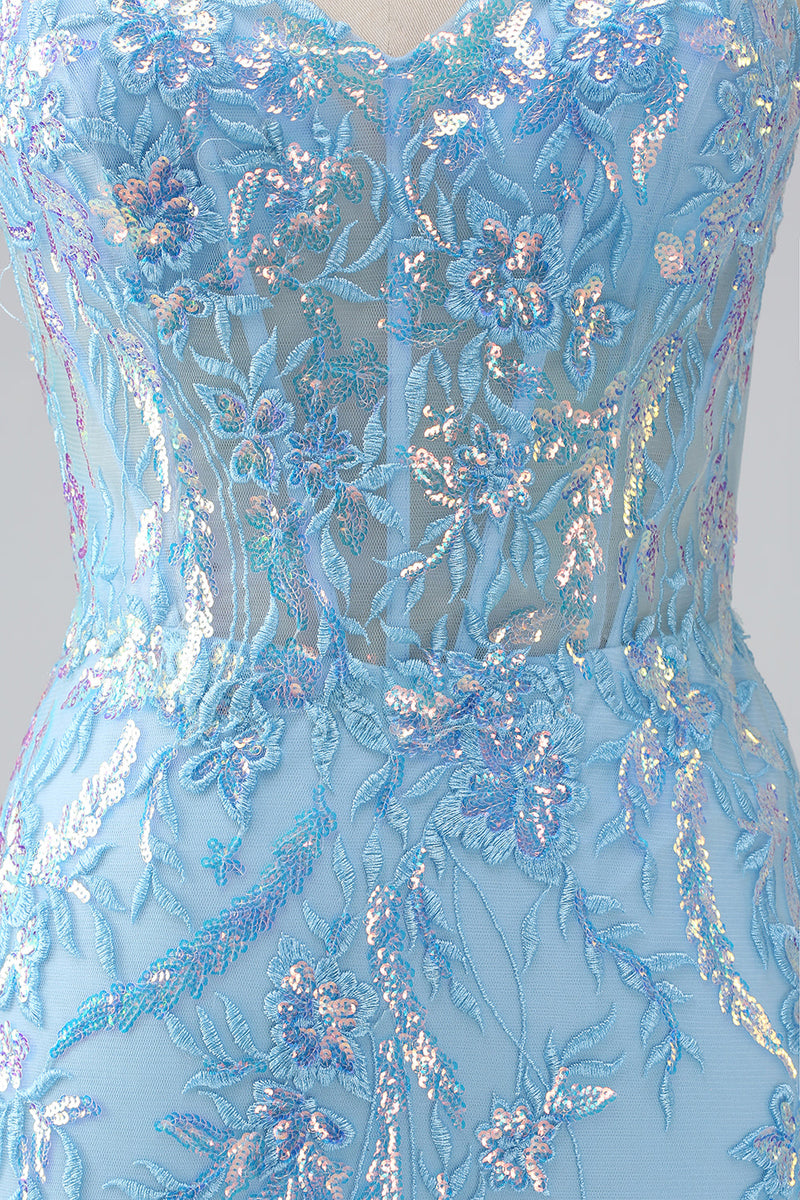 Load image into Gallery viewer, Glitrende lyseblå havfrue spaghetti stropper lang ballkjole med perler