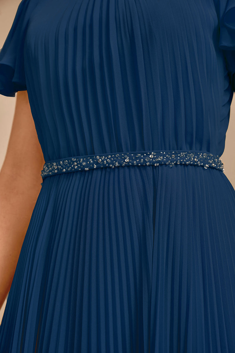 Load image into Gallery viewer, Navy A-line rund hals plissert mor til brud kjole med korte ermer
