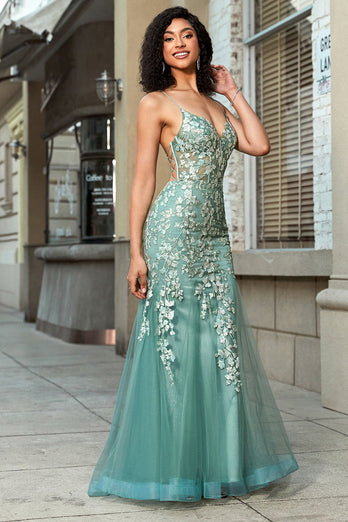Stunning Mermaid Spaghetti stropper lysegrønn korsett Prom kjole med Appliques