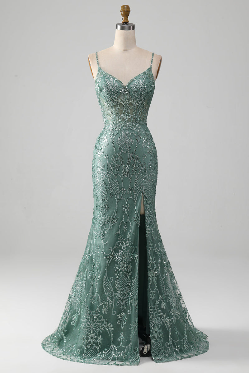 Load image into Gallery viewer, Spaghetti Staps Sparkly Grey Green Prom Dress med Beading