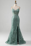 Spaghetti Staps Sparkly Grey Green Prom Dress med Beading