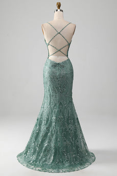 Spaghetti Staps Sparkly Grey Green Prom Dress med Beading