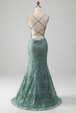 Spaghetti Staps Sparkly Grey Green Prom Dress med Beading