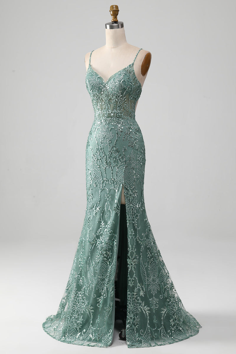 Load image into Gallery viewer, Spaghetti Staps Sparkly Grey Green Prom Dress med Beading