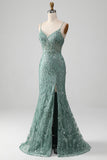 Spaghetti Staps Sparkly Grey Green Prom Dress med Beading