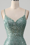 Spaghetti Staps Sparkly Grey Green Prom Dress med Beading