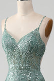 Spaghetti Staps Sparkly Grey Green Prom Dress med Beading