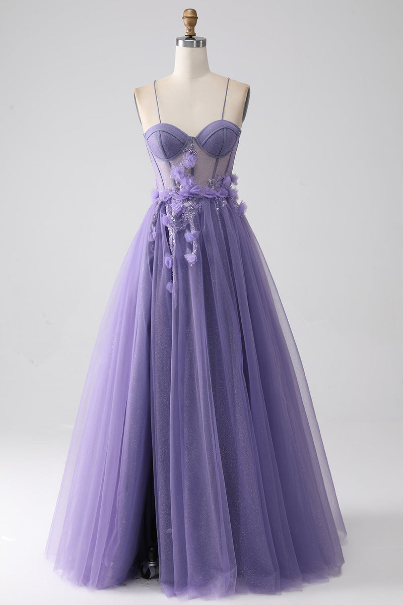 Load image into Gallery viewer, Lilla A-Line Spaghetti stropper Korsett Prom kjole med 3D blomster