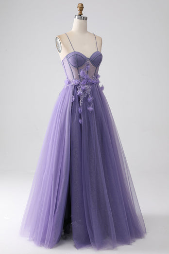 Lilla A-Line Spaghetti stropper Korsett Prom kjole med 3D blomster