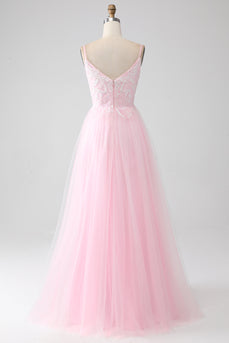 Lys rosa A-Line Spaghetti stropper Prom kjole med perler