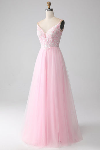 Lys rosa A-Line Spaghetti stropper Prom kjole med perler