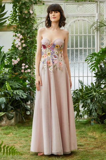 Elegant A Line stroppeløs Blush Long Wedding Guest kjole med 3D Blomster