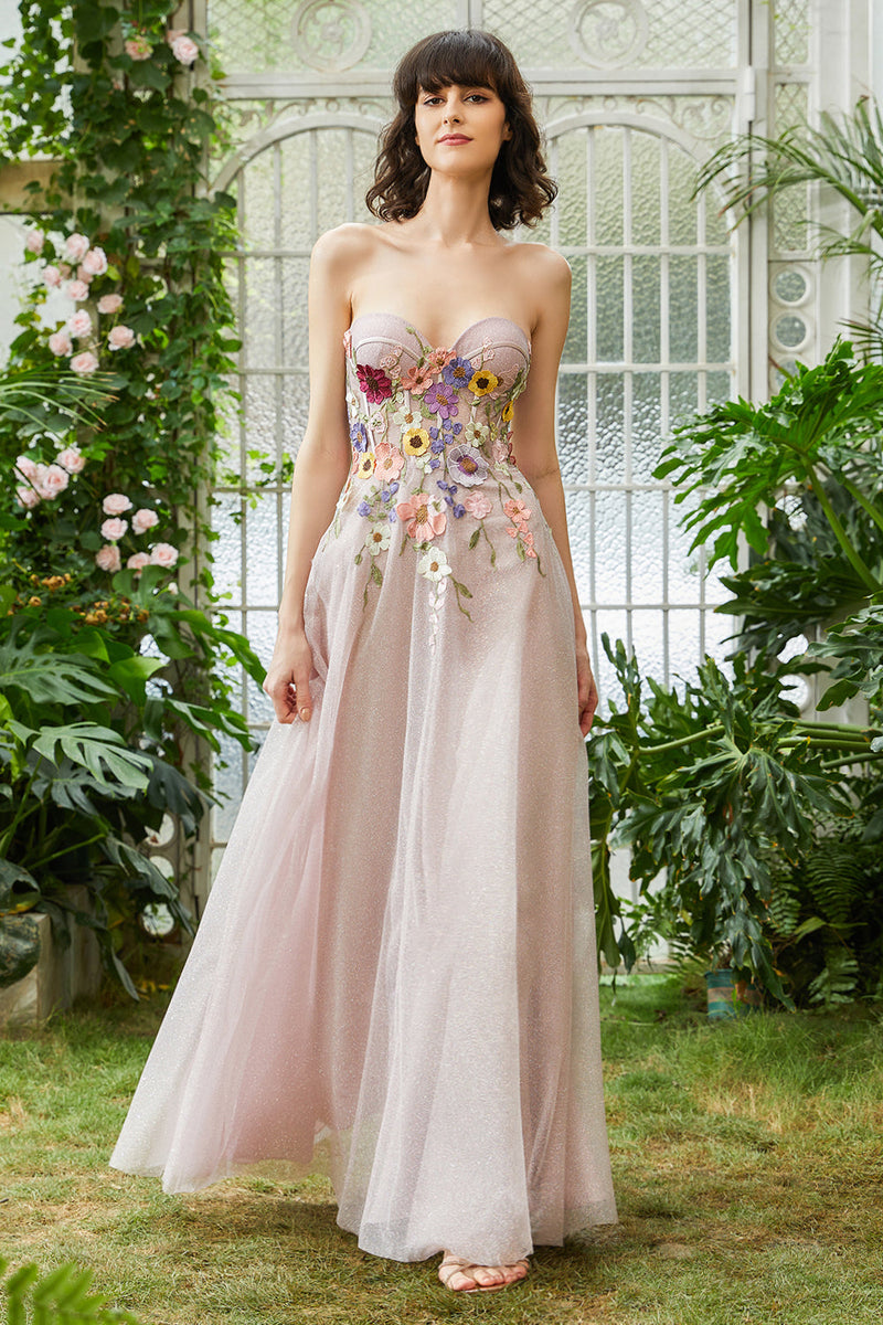 Load image into Gallery viewer, Elegant A Line stroppeløs Blush Long Wedding Guest kjole med 3D Blomster