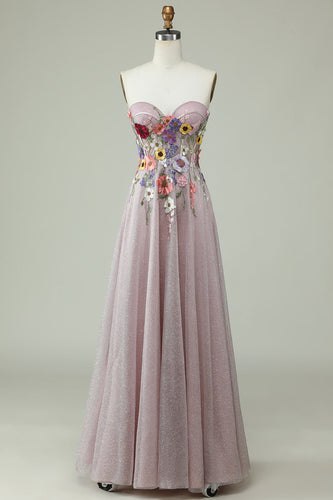 Stroppeløs A Line Prom kjole med 3D-blomster