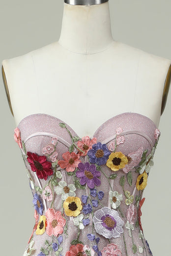 Stroppeløs A Line Prom kjole med 3D-blomster