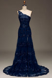 Sparkly Dark Navy Tiered Lace One Shoulder Long Prom Dress med Slit