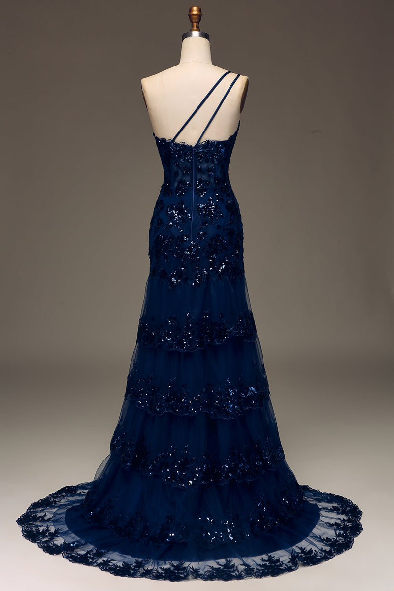 Load image into Gallery viewer, Sparkly Dark Navy Tiered Lace One Shoulder Long Prom Dress med Slit