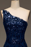 Sparkly Dark Navy Tiered Lace One Shoulder Long Prom Dress med Slit