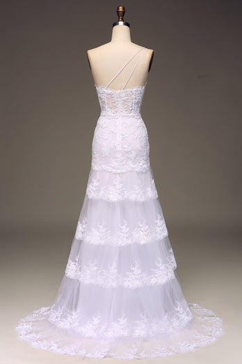 Sparkly Dark Navy Tiered Lace One Shoulder Long Prom Dress med Slit