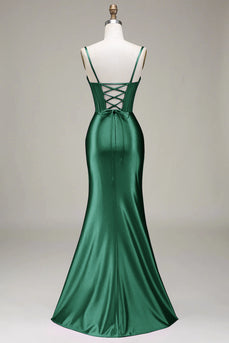 Mørkegrønn havfrue spaghetti stropper korsett Prom kjole med delt front