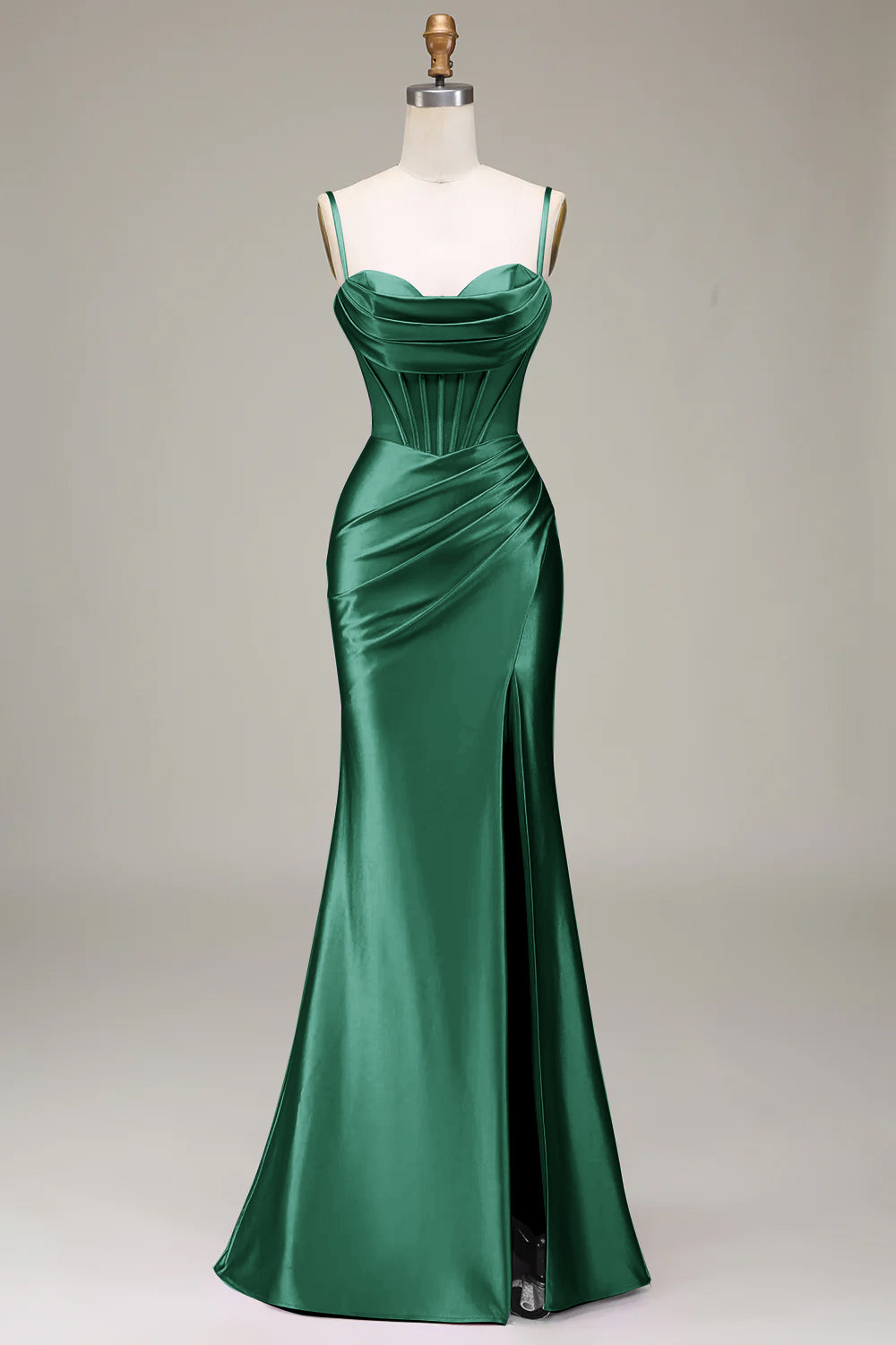 Mørkegrønn havfrue spaghetti stropper korsett Prom kjole med delt front