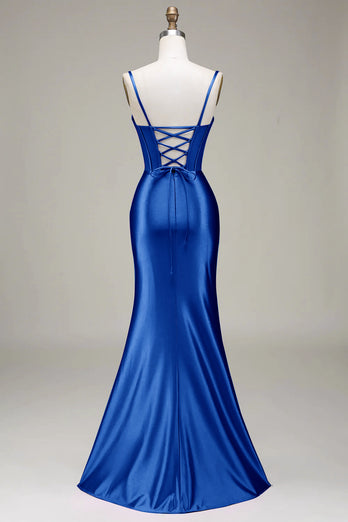 Stilig Mermaid Spaghetti stropper Lilla korsett Prom kjole med Split Front